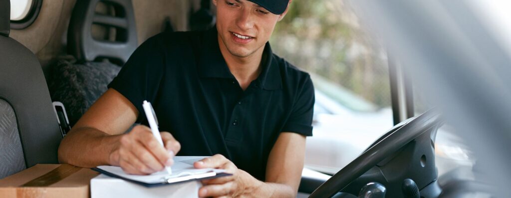 WHG London Delivery driver signing for parcel